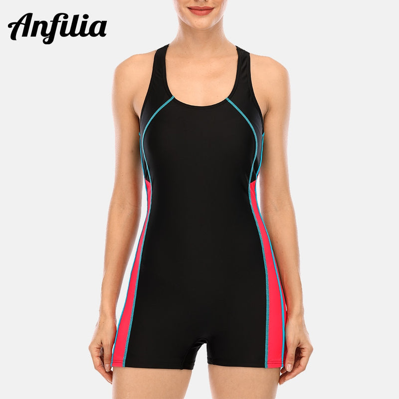 Anfilia One Piece Women Pro Sports Swimwear Boyleg Sport Swimsuit Patchwork Bikini Beach Wear Bathing Suit