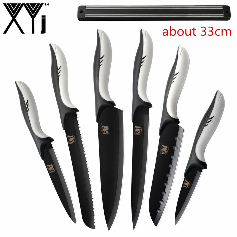 XYj 7pcs Kitchen Stainless Steel Knives Holder Sharpening Bar 8'' Chef Bread Slicing 7'' Santoku 5'' Utility 3.5'' Paring Knife