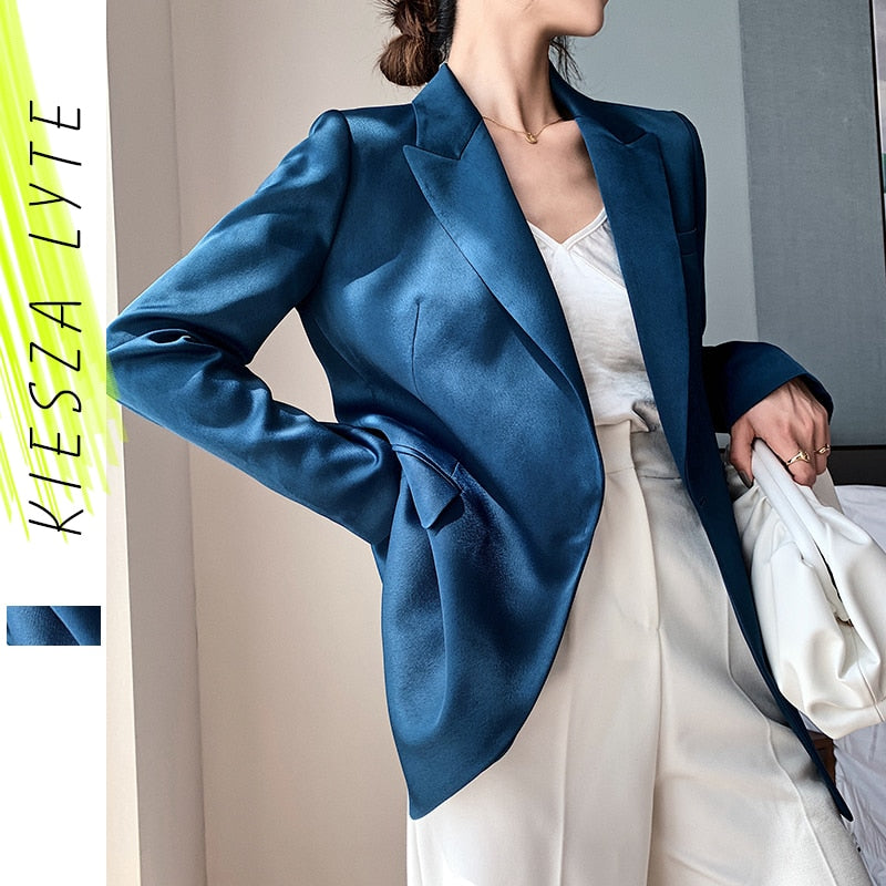 Blauer Blazer für Frauen 2022 Frühling Herbst Trendy Korean Style Luxus Satin Anzugjacke OL Arbeitsmantel Weibliche Oberbekleidung