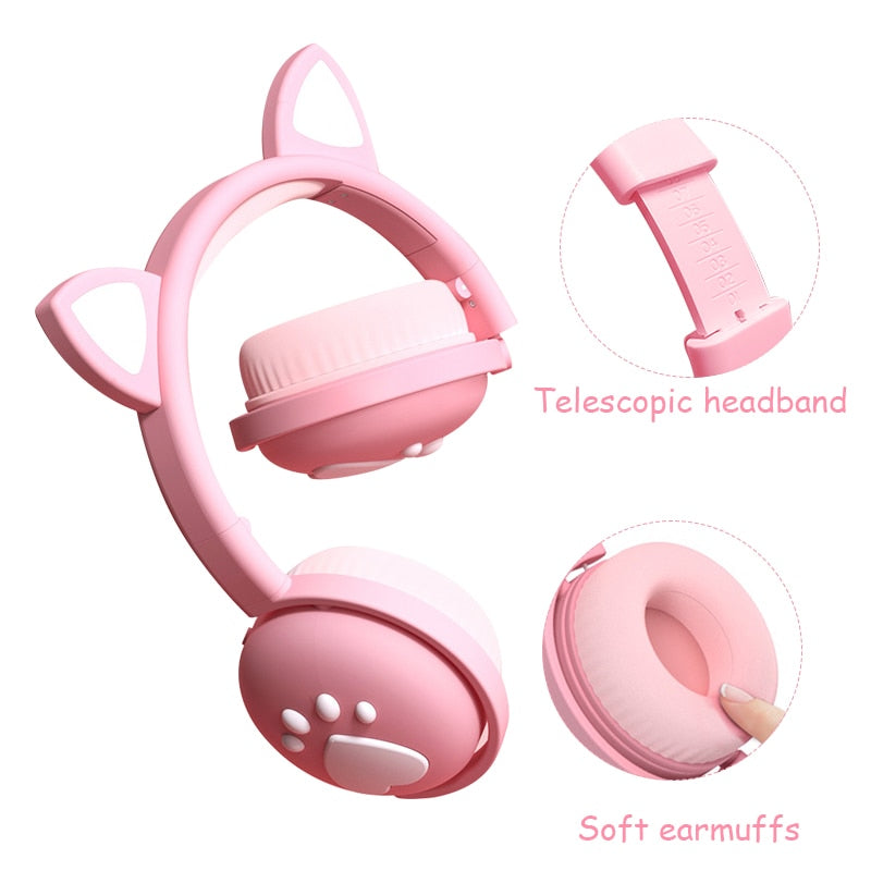 Cute Kids Headphones Wireless Earphones,Control LED light Cat Ear Girl Child Gift Blue-tooth Gaming Headset Stereo Bass With Mic