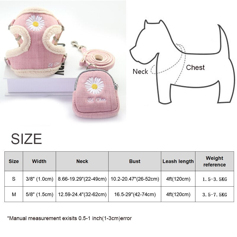 Dog Harness and Leash Set Snack Bag Soft Warm Embroidery Cat Harnesses Leash for Small Medium Dogs Vest Outdoor Walking