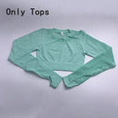 Conjuntos de Yoga, ropa de gimnasio para mujer, Tops cortos de manga larga sin costuras, mallas deportivas de malla, pantalones de entrenamiento para correr, pantalones de cintura alta, ropa de Fitness