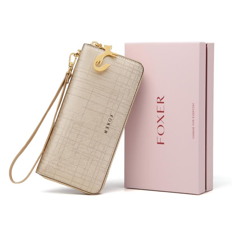 FOXER Women Split Leather Wallet Bifold Clutch Bag with Wristlet Fashion Card Holder Coin Purse Cellphone Bag Female Money Bag