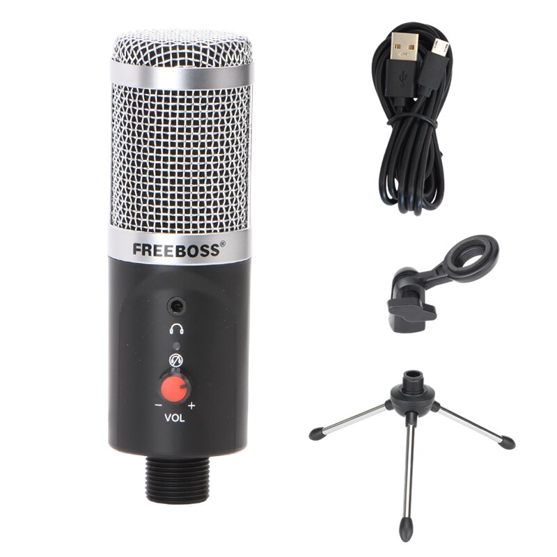 FREEBOSS USB condensador micrófono computadora grabación Chat 192 KHz 16 bits frecuencia de muestreo cápsula cardioide bajo ruido Mic FB-W03