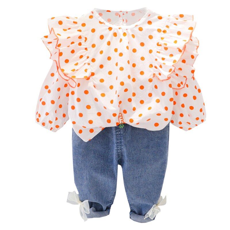 Frühling Herbst Baby Mädchen Kleidung Sets Kinder Prinzessin Kleidung Spitze Polka Dot Tops Schleife-Knoten Jeans Kleinkind Kleinkind Kind Kostüm