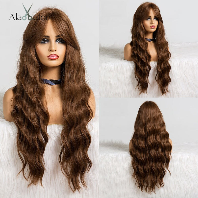 ALAN EATON Long Ombre Black Brown Blonde Wigs with Bangs Heat Resistant Synthetic Wave Wigs for Women African American Cosplay