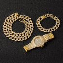 Halskette + Uhr + Armband Hip Hop Miami Curb Kubanische Kette Goldfarbe Iced Out Gepflasterte Strasssteine ​​CZ Bling Rapper Für Herrenschmuck