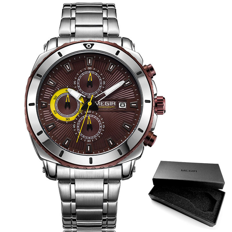 MEGIR Herrenuhren 2020 Luxus-Top-Marke Sport wasserdichte Armbanduhr für Herren Mesh-Armband braunes Gesicht Chronograph Quarzuhren