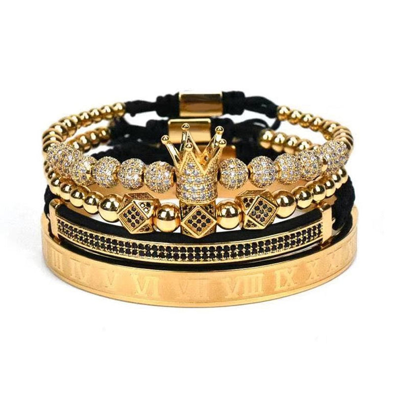 4pcs/set Gold Hip Hop Hand Made Bead Bracelet Men Copper Pave CZ Zircon Crown Roman Numeral Bracelets &amp; Bangles Luxury Jewelry