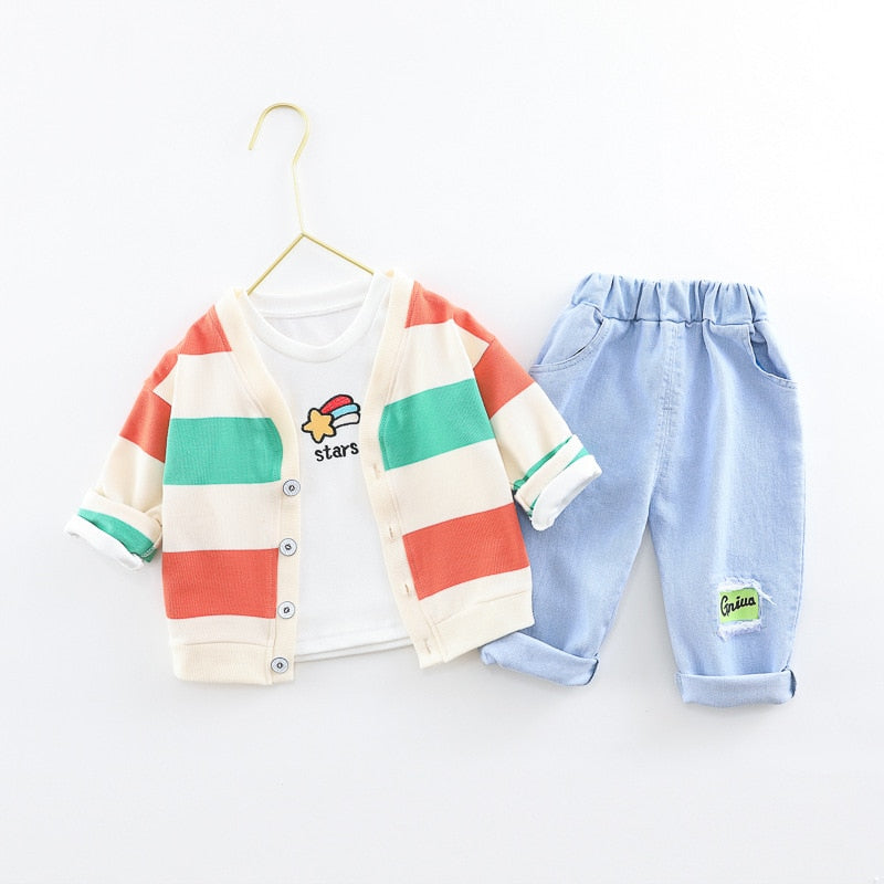 2021 Spring Baby Boys Girls Clothing Sets Toddler Infant Stripe Coats T Shirt Jeans Children Outfit Kids Casual Costume