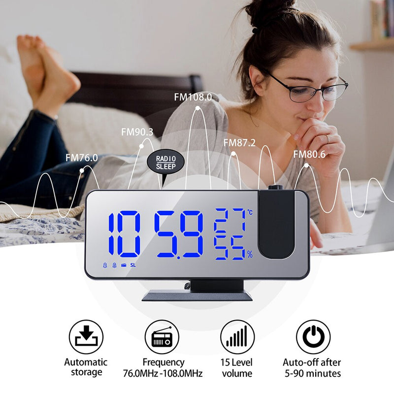 3 Color LED Digital Alarm Clock Radio Projection With Temperature And Humidity Mirror Clock Multifunctional Bedside Time Display