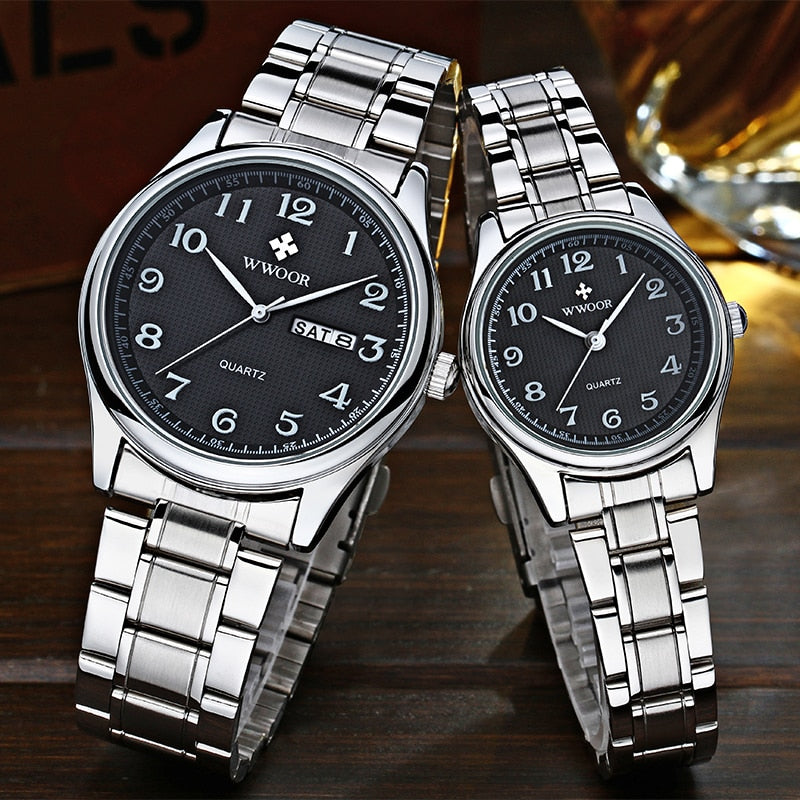 WWOOR Fashion Lovers Watches For Men Women Waterproof Arabic Clock Silver Stainless Steel Couple Casual Ladies Quartz Wristwatch