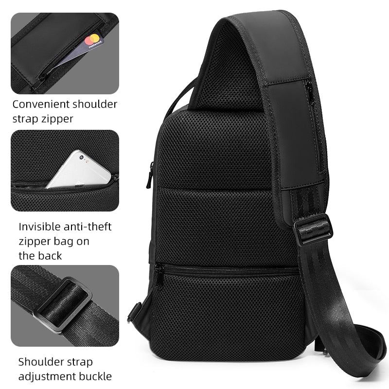 Fenruien Men Shoulder Bag for 9.7&quot; iPad USB Charging Chest Bag Short Trip Water Repellent Crossbody Bag Black 2020 New