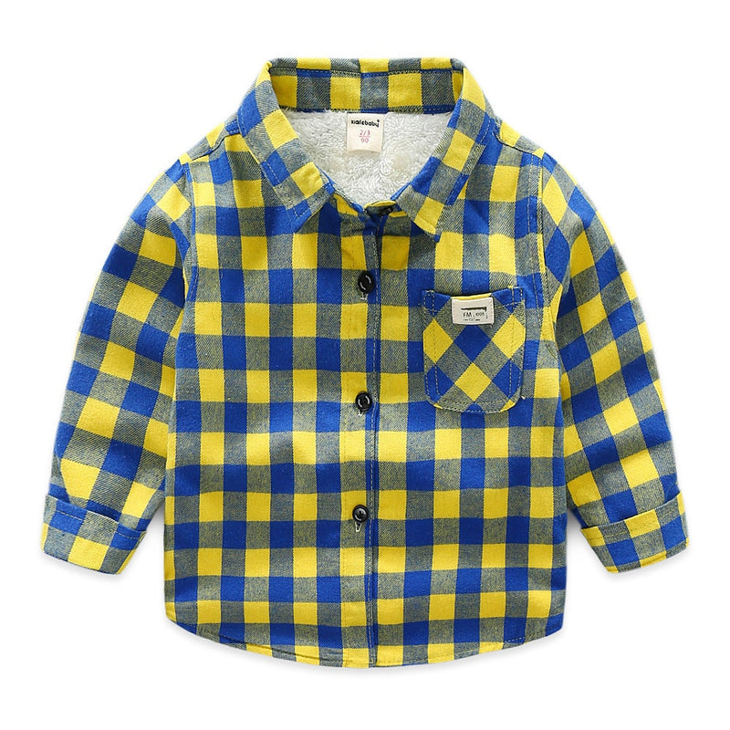 Ropa para niños, novedad de invierno, camisas a cuadros para bebés y niñas, camisas informales de terciopelo grueso de algodón de manga larga para niños