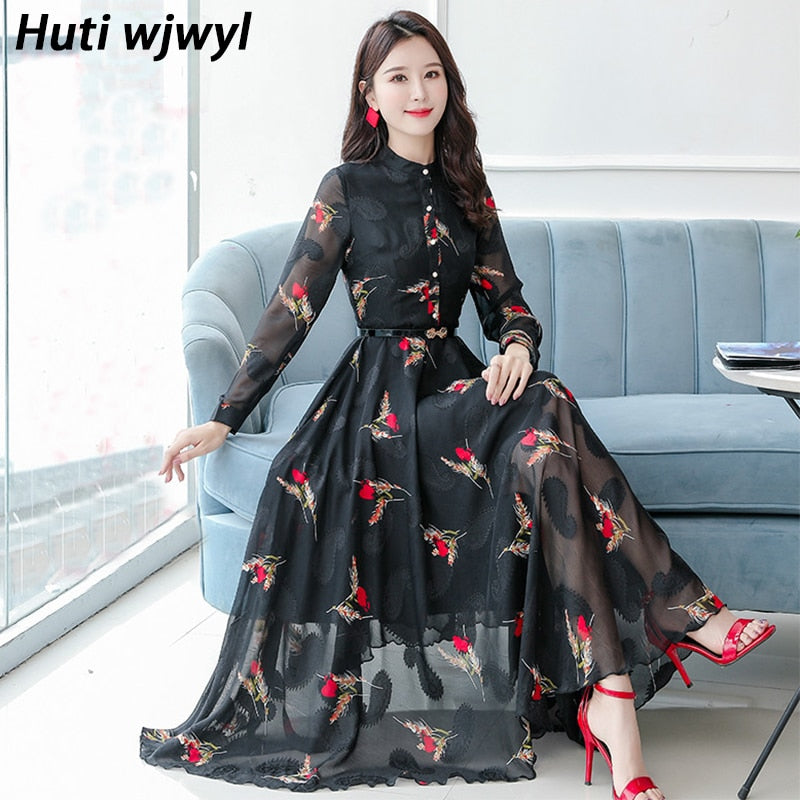 Vintage Chiffon Schwarz Casual Midi Kleid 2022 Herbst Winter Elegante Frauen Boho Prom Maxi Kleid Party Langarm Hochzeit Vestidos