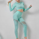 Conjuntos de Yoga, ropa de gimnasio para mujer, Tops cortos de manga larga sin costuras, mallas deportivas de malla, pantalones de entrenamiento para correr, pantalones de cintura alta, ropa de Fitness