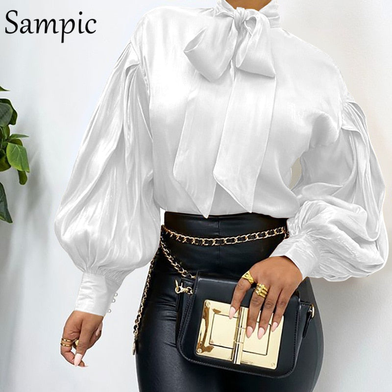 Sampic Women Fashion Female Casual Office Turtleneck Satin Blouse Shirt Red Vintage Long Sleeve Blouse Tops Spring