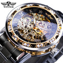 Winner Transparent Diamond Mechanical Watch Blue Stainless Steel Skeleton Watch Top Brand Luxury Business Luminous Male Clock