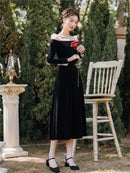 2020 neue Mode Damenbekleidung Herbst und Winter Samtkleider Slash Neck Vintage Kleid Frauen