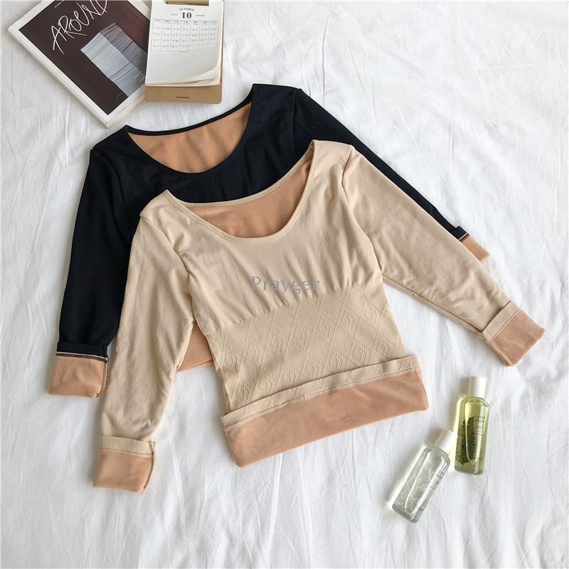 Woman Thermal Underwear Winter Fleece Warm Tops Long Sleeves O Neck Clothes