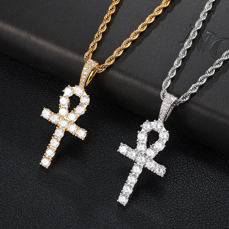 D&amp;Z White Gold Ankh Pendant Iced Out CZ Stones Mens Micro Paved AAA CZ Hip Hop Gold Silver Color Charm Chains Jewelry Gift