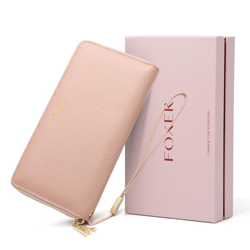 FOXER Women Split Cow Leather Long Wallet Ladies Luxury Card Holder Slot Money Bag Cowhide Phone Bag Simple Purse Female ID Case