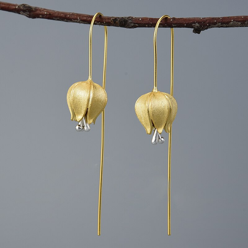 Pendientes colgantes de flor de tulipán de amor eterno de Lotus Fun, pendientes de joyería fina hechos a mano de Plata de Ley 925 auténtica para mujer, bisutería