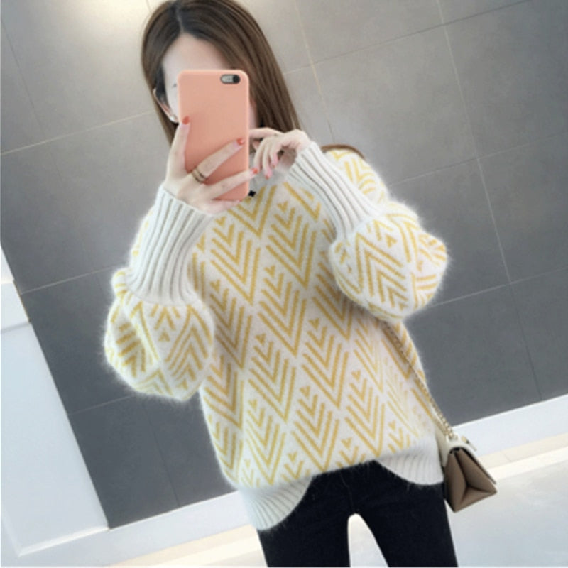 Herbst Winter Strickpullover Frauen 2020 neue Koreanische Mode Lose Faule Kurze Laterne Ärmel Pullover Pullover Weibliche Tops