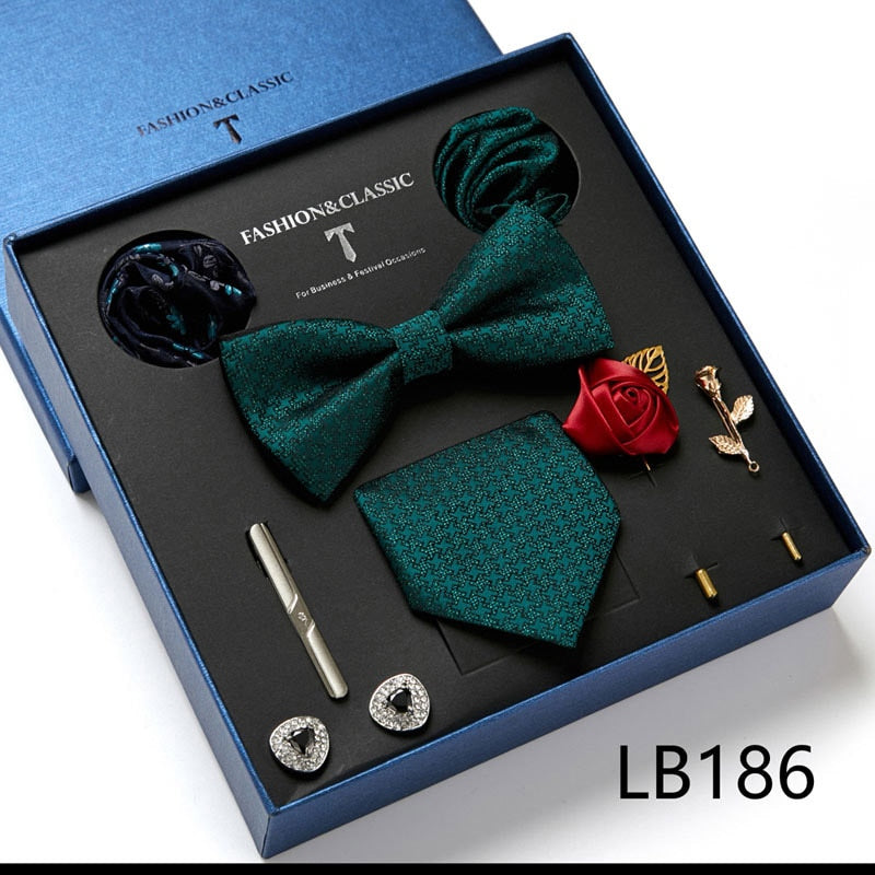 Envío Gratis, conjunto de corbata para hombre, caja de regalo de lujo, conjunto de corbata de seda, 8 Uds., embalaje interior, regalo festivo, pañuelos de bolsillo