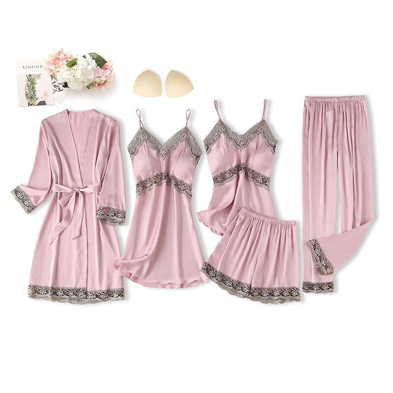 Black Sexy Women Robe Set Faux Silk Kimono Bathrobe Gown 5PCS Sleepwear Suit Hollow Out Lace Nightgown Home Wear Wedding Gift