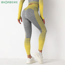 SHINBENE Stretchy Hohe Taille Nahtlose Athletische Sport-Workout-Strumpfhosen Damen Gestreifte Hüfte Verstärkende Lauf-Gym-Fitness-Leggings