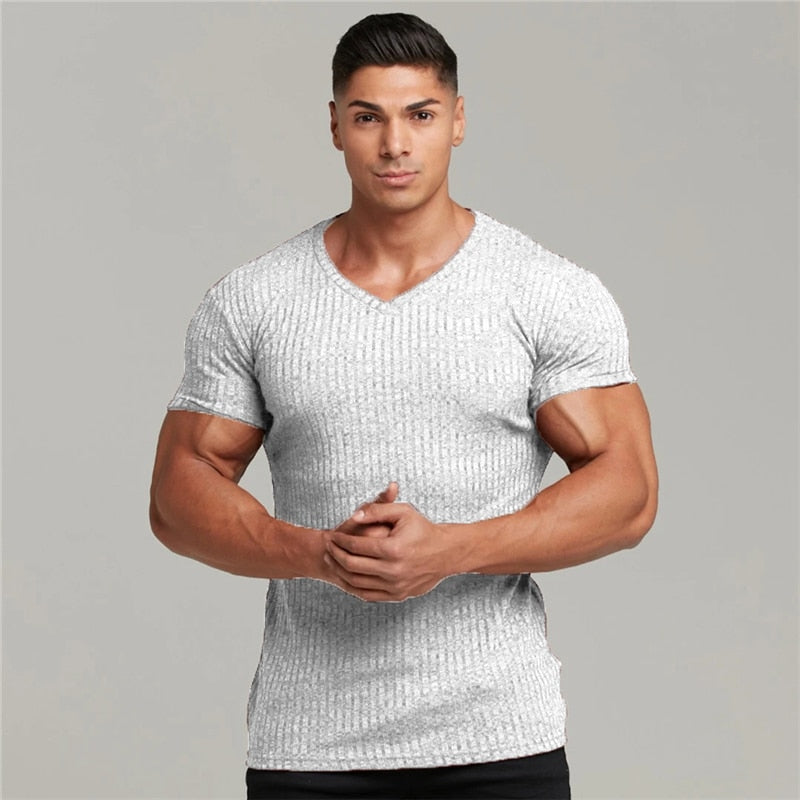 Men V Neck Short Sleeve T Shirt Fitness Slim Fit Sports Strips T-shirt Male Solid Fashion Tees Tops Summer Knitted Gym Clothing