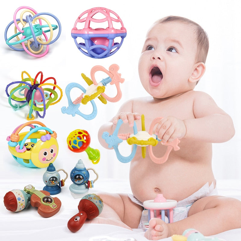 Baby Rattle Ball Toys 0-12 Months Safe Newborn Teething Toys Soft Plastic Hand Bell Early Educational Rattle Teether Toys Gifts