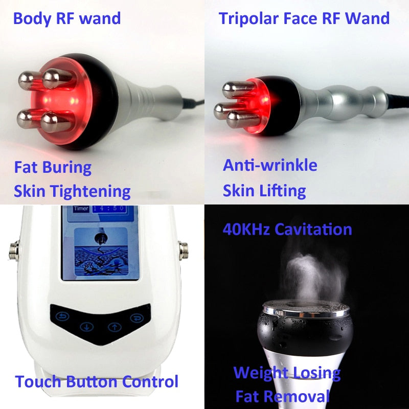 Metal Wand 40KHz Cavitation Body Slimming Machine RF Facial Skin Lifting Ultrasonic Weight Loss Beauty Machine for Home Salon