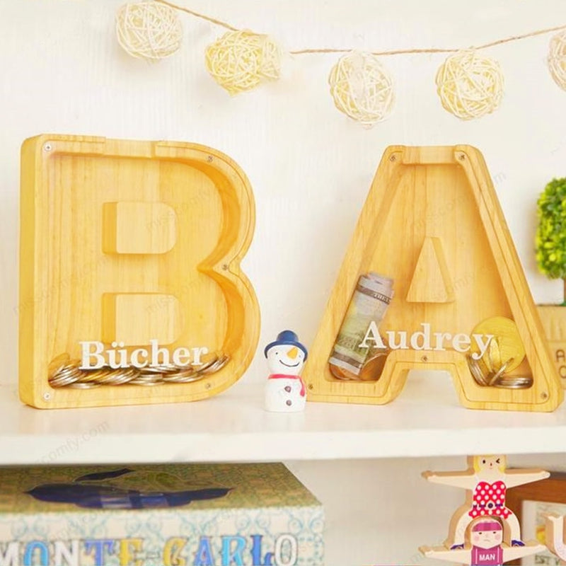 Hucha con letras de madera en inglés veintiséis, adornos transparentes personalizados para decoración del hogar, caja de dinero, letras decorativas grandes