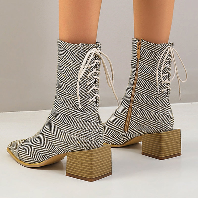 Women ankle boots plus size 22-28cm length autumn and winter warm plush zipper square heel Stone pattern + herringbone pattern