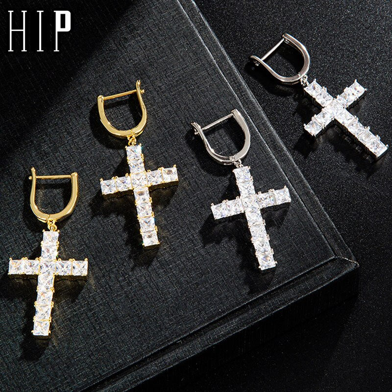 Hip Hop 1Pair Micro Paved Cross Full Bling Iced Out Earring Cubic Zircon Charm Stud Earrings For Men Hip Hop Jewelry