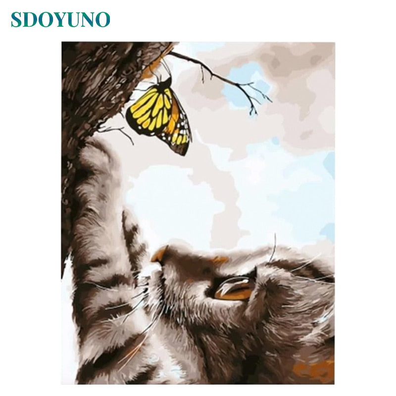 SDOYUNO 60x75cm Painting By Numbers DIY Cats And Butterflies Frameless Digital Painting Animals Drawing By Numbers On Canvas