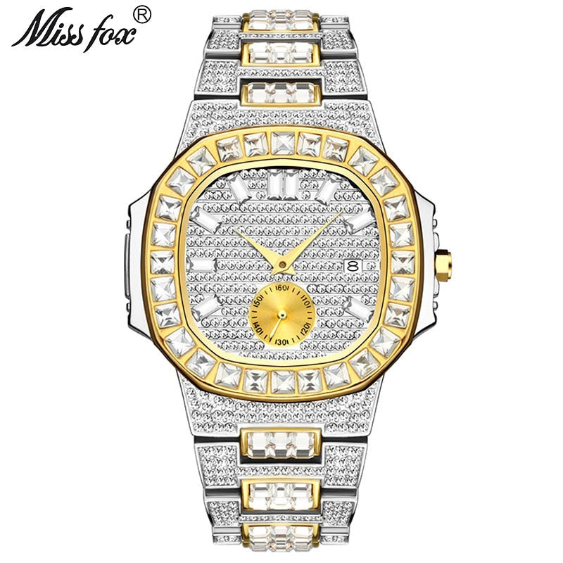 MISSFOX Luxus-Herrenuhr Gold 18 Karat Modell Vollständig gepflasterter Baguette-Diamant Herrenuhren Wasserdichter Kalender Männliche Uhr Stunden