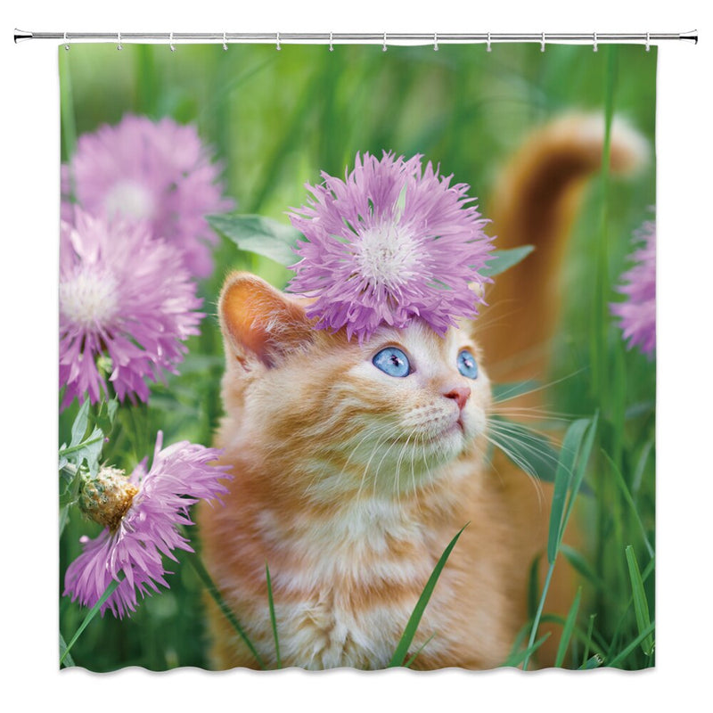 Funny Animal Shower Curtains Decoration Cute Pet Cat Home Bathroom Decor Polyester Bath Cloth Hanging Curtain Set With Hooks