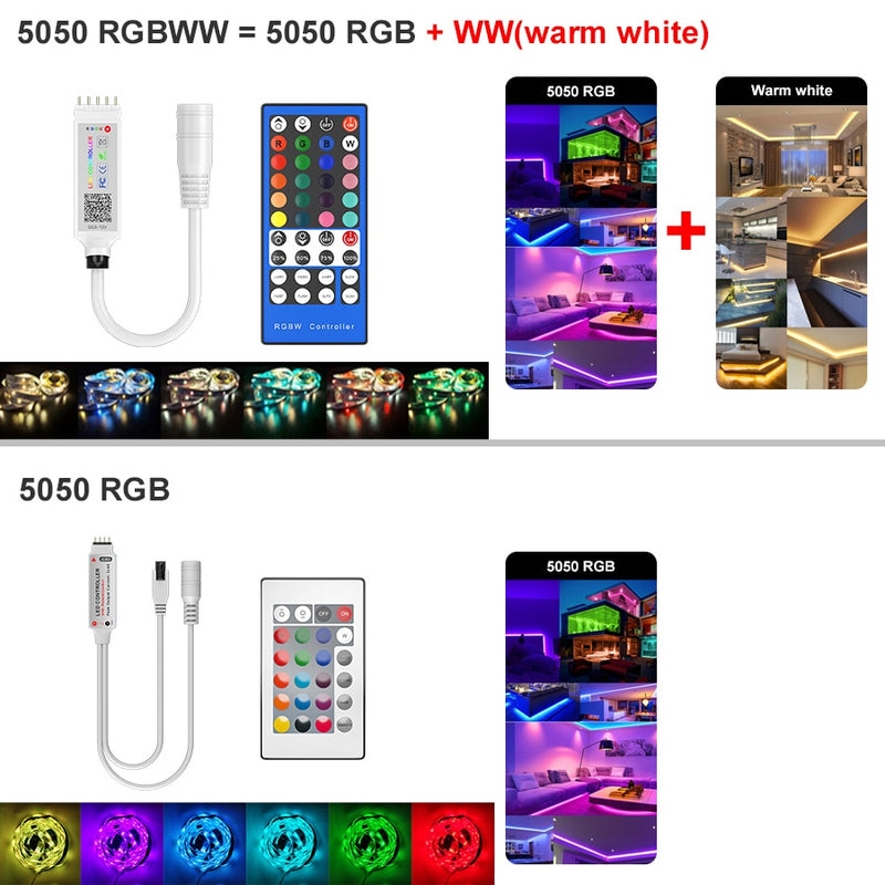 5M-30M LED Strip Light Bluetooth RGBWW SMD 5050 LED Lights DC12V RGB Led tape diode ribbon Flexible APP Phone Control+adapter