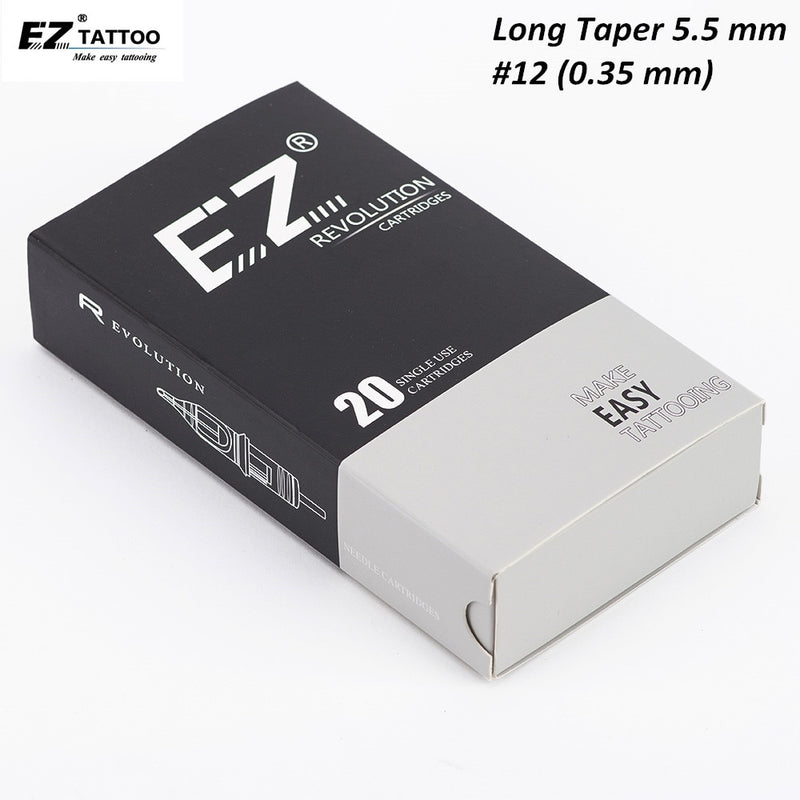 EZ Revolution Tattoo Cartridge Nr. 12 (0,35 mm) Round Liner (RL) lange konische Nadeln für Rotationsmaschinen und Griffe, 20 Stück/Box
