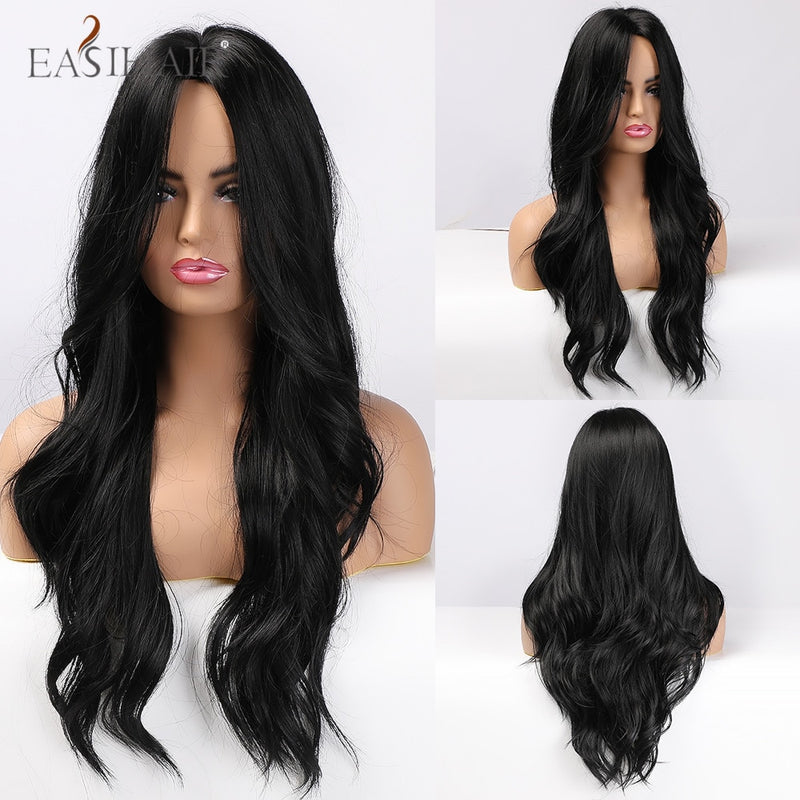 EASIHAIR Long Wavy Brown Synthetic Wigs With Blonde Highlights Cosplay Natural Hair Wigs High Temperature Fiber For Black Women