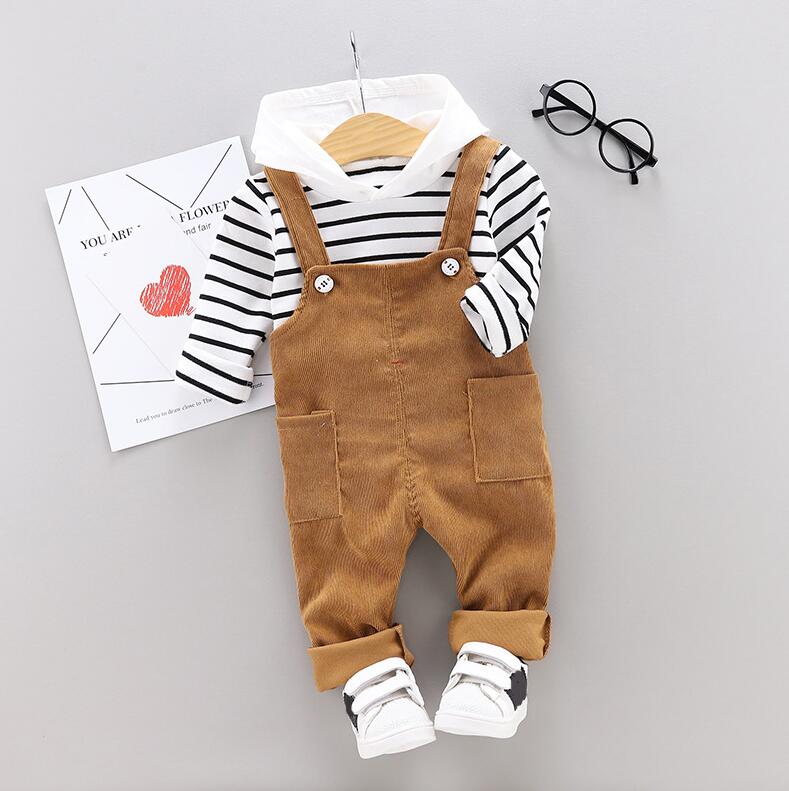 Spring Autumn Baby Boys Girls Clothes Infant Cotton Striped T Shirt Bib Pants 2pcs/sets Kids Garment Children Casual Sport Suit