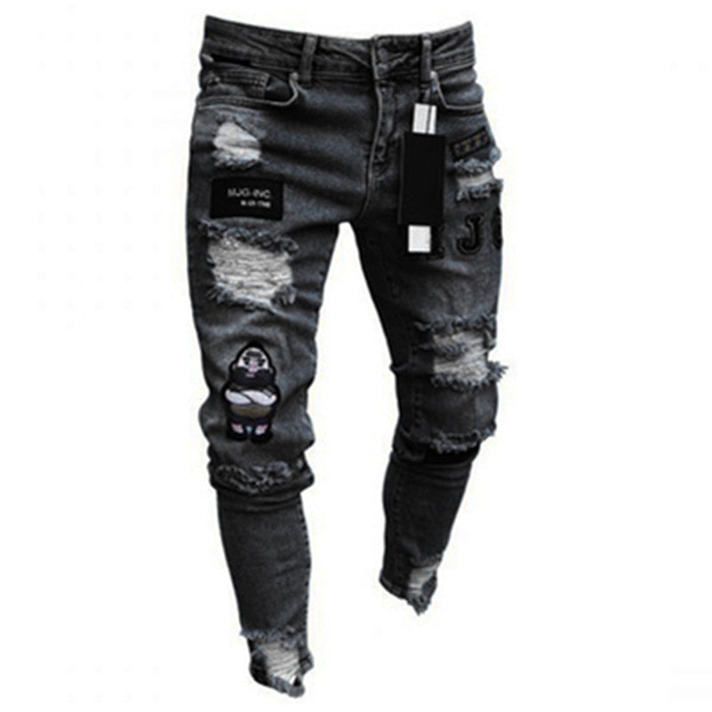 2022 New Men&#39;s Slim-Fit Ripped Jeans Men&#39;s Painted Jeans Patch Beggar Pants Jumbo Men&#39;s Hip Hop Pants Size S-4XL