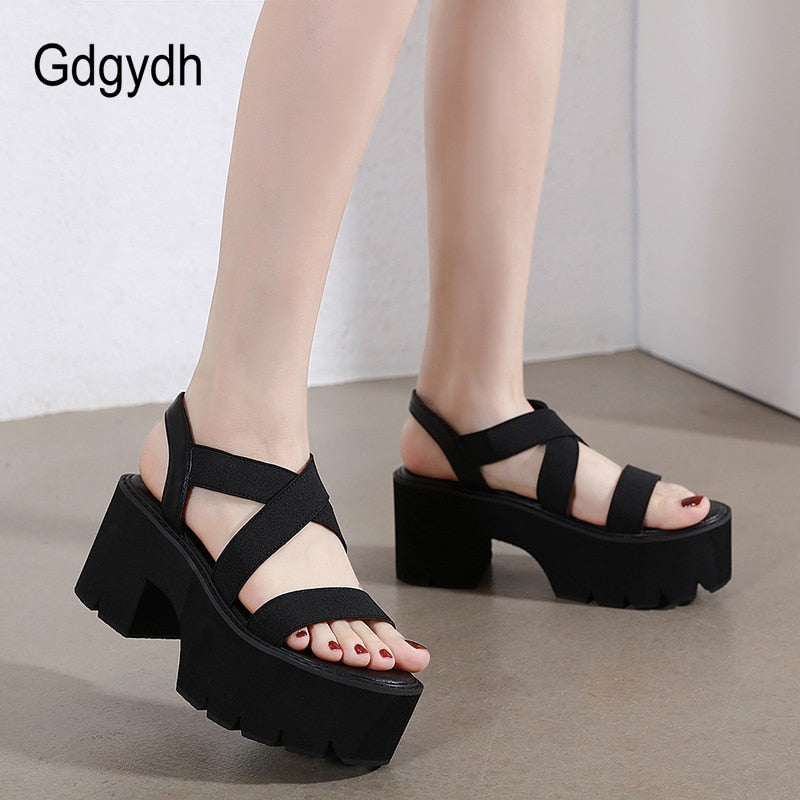 Gdgydh 2022 Sommer Frauen Gladiator Sandalen Dicke Plattform High Heels Bequeme Weibliche Schuhe Gummiband Schwarze Schuhe Drop Ship