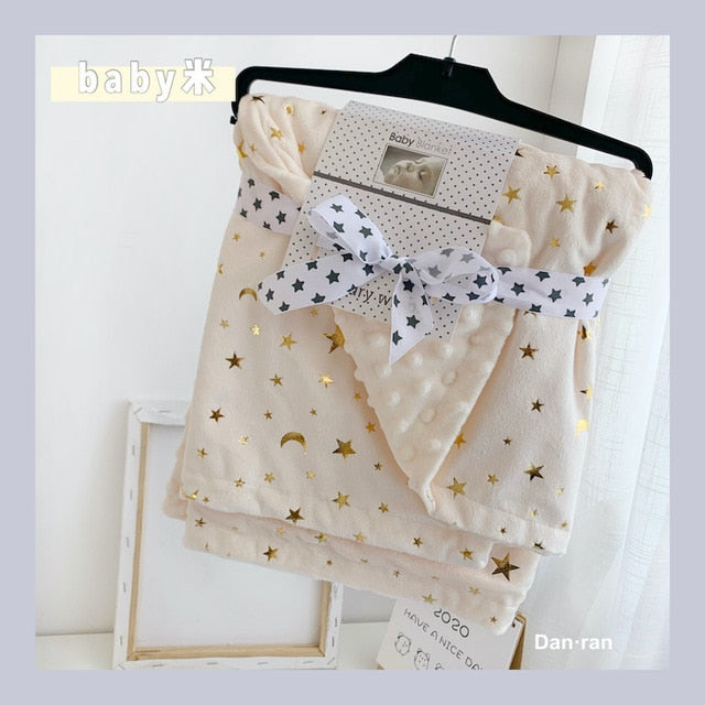 2 layers Plushed Dot Coral Fleece Bronzing Golden Stars Moon Blue Starry Toddler Quilt Girl Baby Blanket Infant Crib Beddings