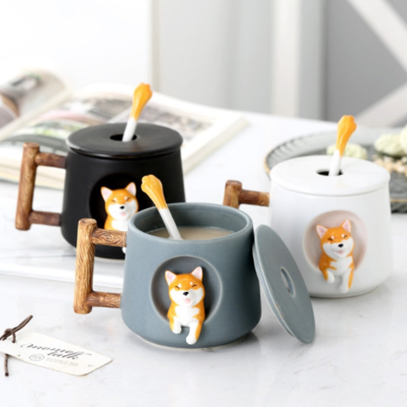 Cute Cartoon Animal Shiba Inu Ceramic Mug Creative Men and Women Couple with Lid Spoon Drinking Water Coffee Cup