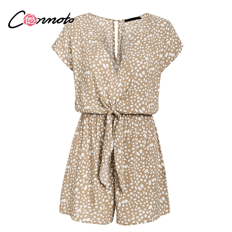 Conmoto bow sleeveless wide leg women short jumpsuits rompers casual loose bow tie playsuits leopard sleeveless short rompers