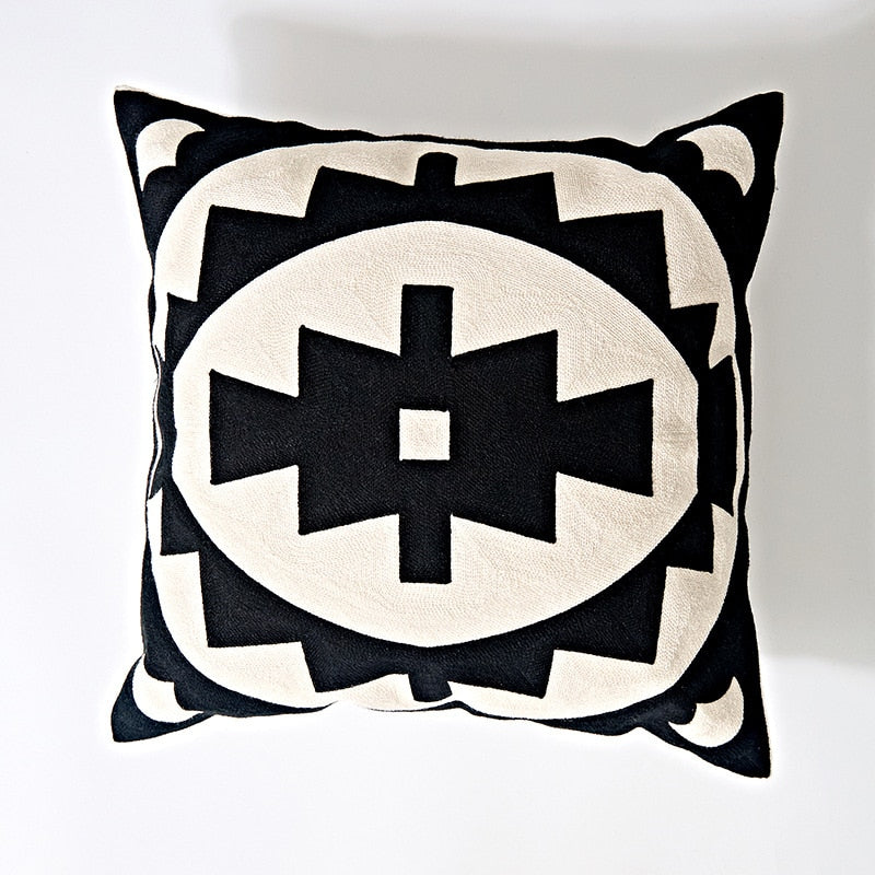 Funda de cojín bordada para decoración del hogar, funda de almohada bordada cuadrada de algodón con lienzo geométrico abstracto en blanco y negro, 45x45cm